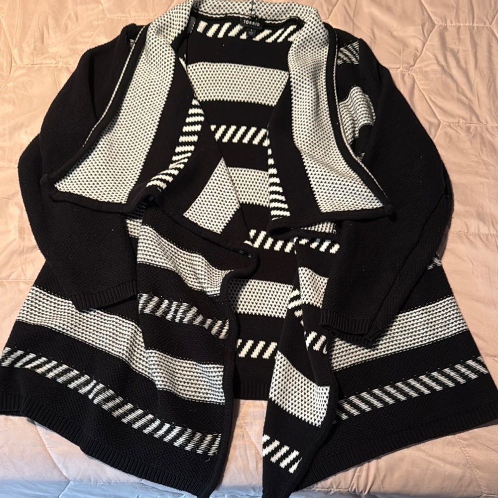Torrid Black and White Striped Drape Front Cardigan